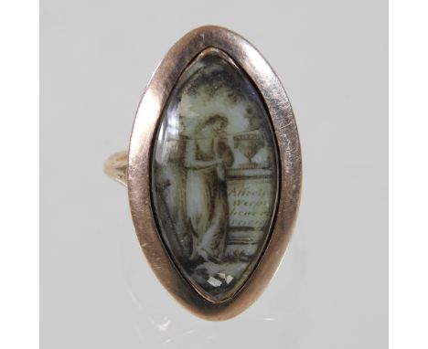 A George III sepia mourning ring, of elliptical shape painted with a figure weeping before a well, inscribed 'Affection weeps