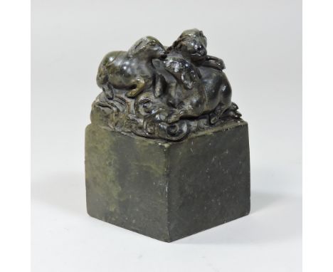 A modern Chinese carved soapstone seal, 9cm high