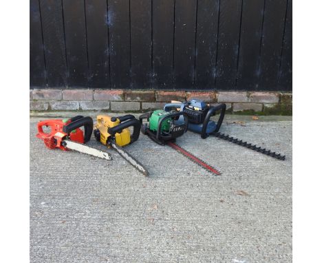 An AL-KO petrol chainsaw, together with a Champion petrol chainsaw and two petrol hedge cutters (4)