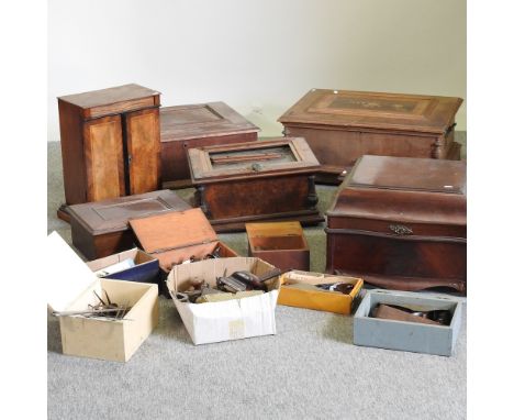 A 19th century Swiss musical box case, 73cm, together with a collection of six others and various hand tools