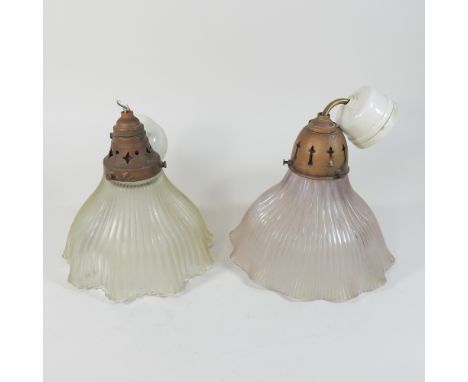 A near pair of mid 20th century Holophane type glass light shades, 19cm high