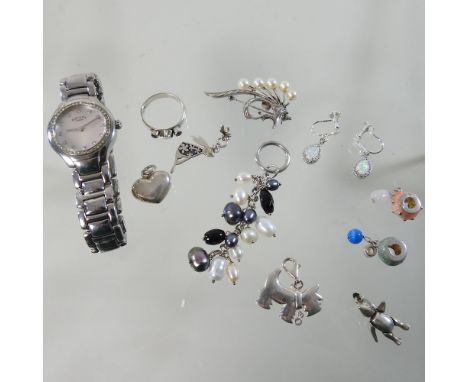 A collection of mainly silver jewellery, together with a Rotary wristwatch, with a mother of pearl dial and gem set bezel