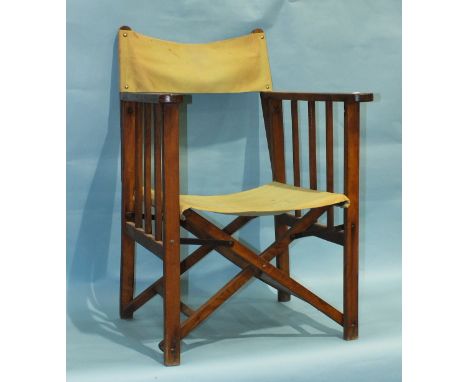 A vintage stained wood folding deck chair/pilot's chair with canvas back and seat. (Belonged to a Battle of Britain pilot, Ro
