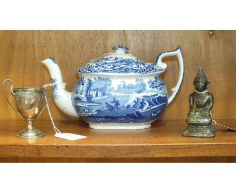 A Copeland Spode "Italian" pattern blue and white teapot,  a small silver two-handled trophy cup and an Asian metal seated fi