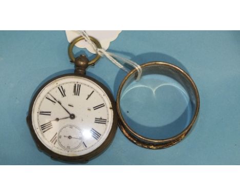 A Continental open-face key-wind pocket watch, the white enamel dial with Roman numerals and seconds subsidiary, in engine-tu