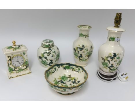 Modern Masons Chartreus chinaware's including table lamp, clock, ginger jar & bowl (5).e