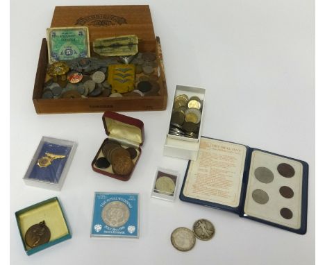 Various general coins including decimal sets, loose foreign etc, also military badges, Esso FA cup 1972 medal collection and 