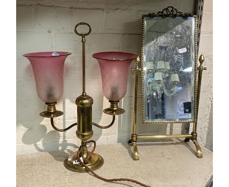 EARLY BRASS TWIN SHADE TABLE LAMP WITH BRASS TABLE MIRROR