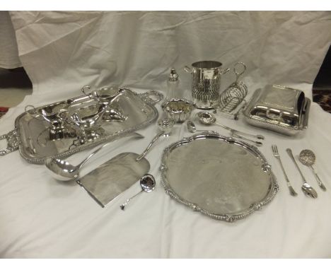 A collection of plated wares to include a twin-handled tray, card tray, entree dish, bottle coaster, ladle, sauceboats and a 