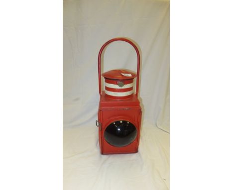 A red and white painted GWR lamp bearing plaque inscribed "Return to Swindon Stores WB171", and bearing No. verso "SB 5313"