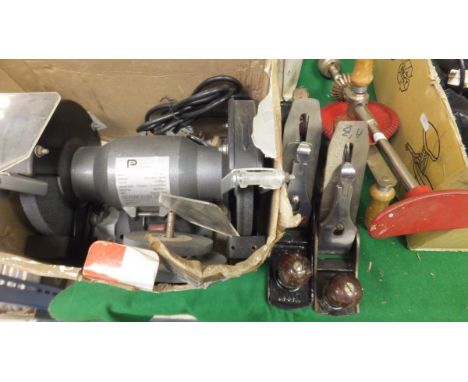 A Power Grinder PP150BG bench grinder, a Black & Decker KS630 bench saw, a hand drill and two planes