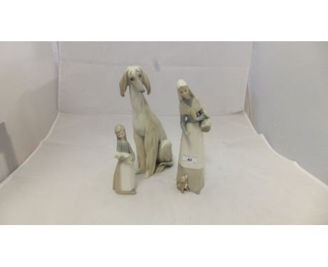 A Lladro figure of an Afghan hound, seated, a Lladro figure of a lady carrying basket with small dog at her feet, dated to ba