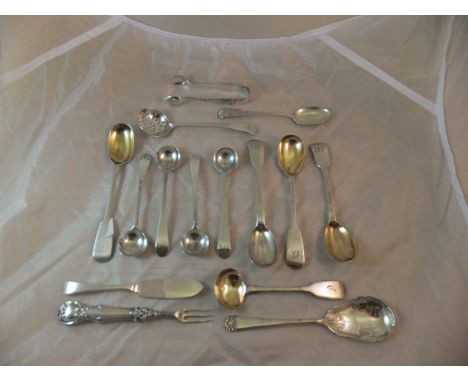 A collection of silver spoons, including various Georgian mustard spoons,  Edwardian jam spoon, Georgian sifter spoon of plai