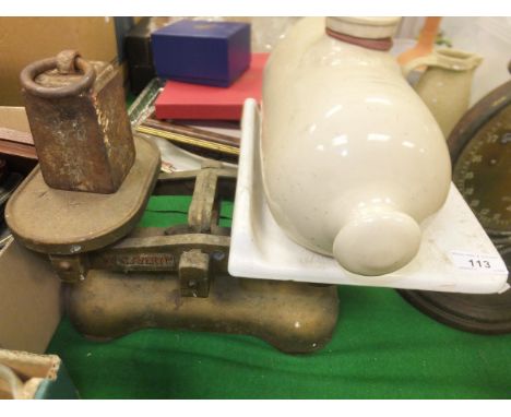 A box of various treen ware, scales, hip flask, etc