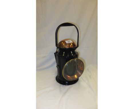A copper and black painted railway lamp, the glass etched "GWR" and the body bearing plaque inscribed "H Hetherington & Co. L