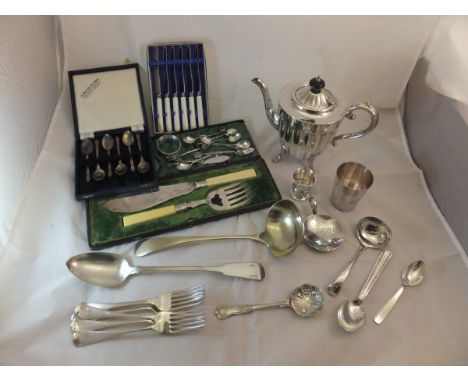 A box of assorted plated wares to include serving spoons, teapot, cased set of teaspoons, etc