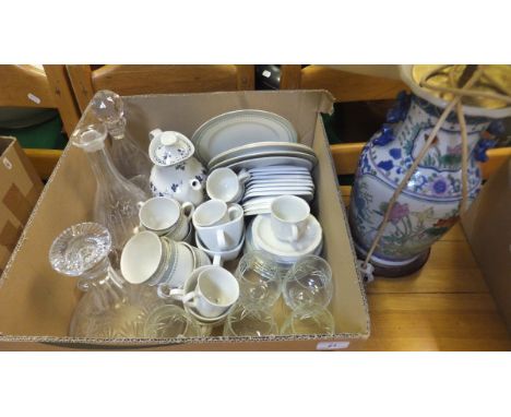 A box of china and glassware to include a collection of Royal Doulton "Berkshire" pattern tea wares, a Royal Doulton "York To