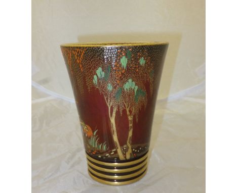 A Carlton ware "Rouge Royale" pattern vase of tapering cylindrical form, decorated with stork
