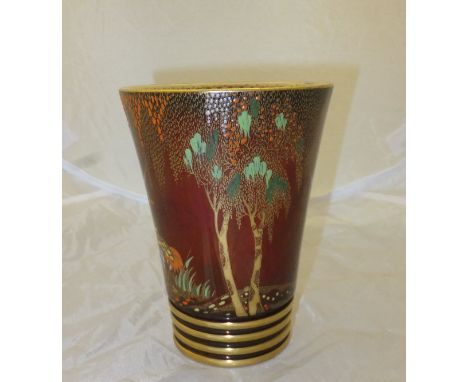 A Carlton ware "Rouge Royale" pattern vase of tapering cylindrical form, decorated with stork