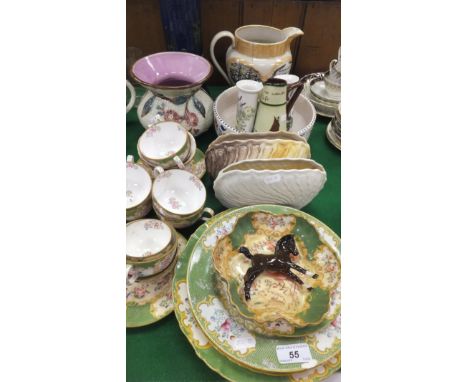 A collection of decorative china wares to include a Sunderland lustre ware jug depicting ships and bearing inscription "Far f