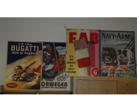 Four reproduction metal advertising signs inscribed "Bugatti", "Norwegen", "Fab" and "Navy and Army Illustrated" *