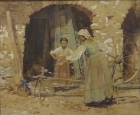 FRANK RICHARDS "The Spinning Lesson", watercolour, signed lower left CONDITION REPORTS Frame and mount have  been crudely pai