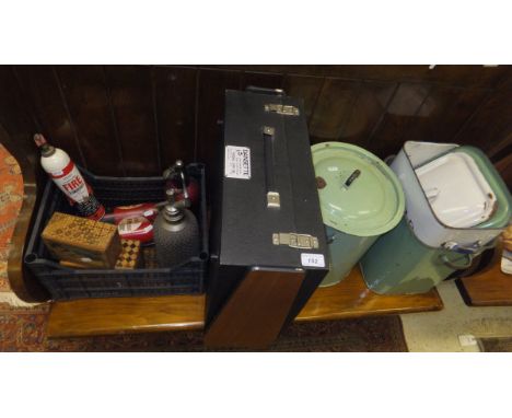 A collection of miscellaneous items to include two vintage soda siphons, three vintage fire extinguishers, three enamelled me