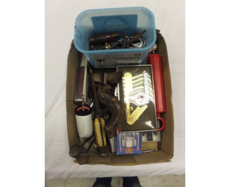 A box containing assorted corkscrews, bottle openers, knives, etc, to include a bone-handled hunting knife with integral cork