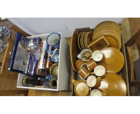 Two boxes of miscellaneous items to include a collection of Hornsea "Saffron" pattern dinner and tea wares, an Oriental porce