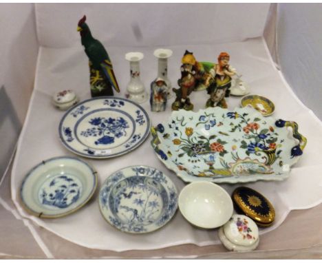 Two Chinese porcelain bowls, a pottery figure of a pheasant, an Oriental figure of a cockerel, a Continental porcelain figure