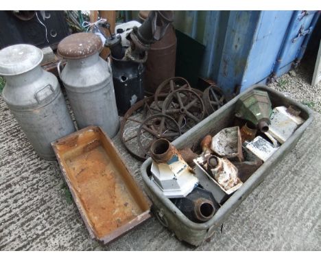 A cast iron garden roller, three milk churns, a hand pump and one other churn, together with various metal wares to include a
