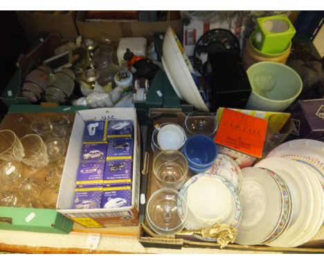 A collection of items including four boxes of assorted books, a pair of Avery pan scales, a box containing assorted glassware