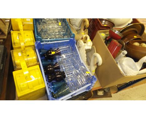 A collection of items including five yellow tin warning lights, four boxes of assorted wine and other glasses, various swan s