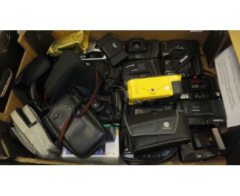 A box containing a collection of compact 35mm cameras to include Pentax, Canon, Fuji, Minox, etc