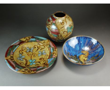 Alvis Murray for Dartington pottery, a circular dish decorated with the tapestry butterfly pattern, 33cm together with an ovo