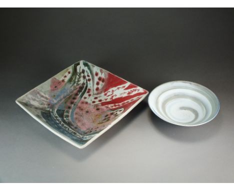 Marianne De Trey for Dartington pottery, a square dish decorated with grey and pink leafy scrolls, 30cm together with a circu