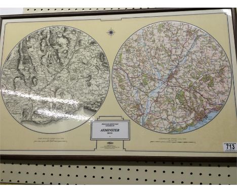 A framed Ordnance survey map centred on Axminster