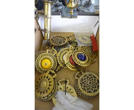 A good collection of various horse brasses, all pre-war, along with a brass carriage lamp holder
