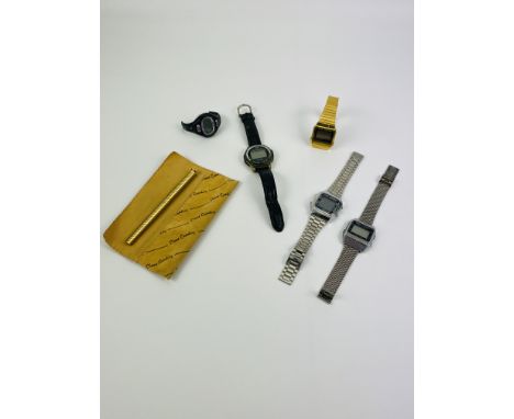Four Casio digital watches; a Times digital watch and a Pierre Cardin roller ball pen. Estimate £15-30