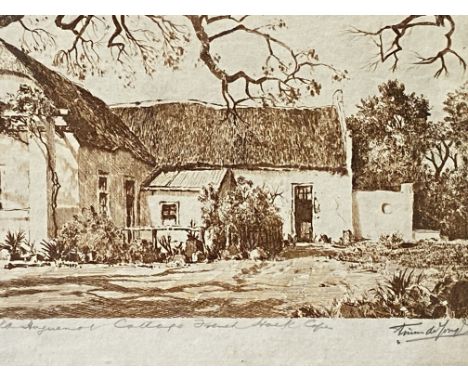 Framed and glazed etching titled Old Huguenot Cottage, French Hook, Cape, signed Tinus de Jongh., 23cm high x 28cm wide. Esti