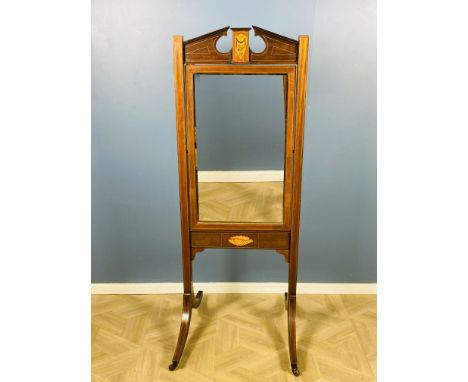 An Edwardian mahogany Georgian style cheval mirror with marquetry and string inlaid decoration throughout, with a tilting adj