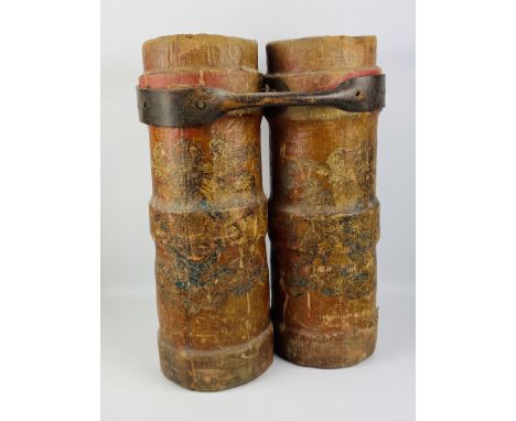 A 19th century Royal Navy dual canister ammunition carrier cordite bucket, each covered with red painted canvas and a coat of