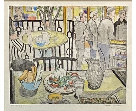 Framed and glazed hand coloured artist's proof etching, titled to reverse 'Queing at lunchtime' signed Virginia Powell, 28cm 