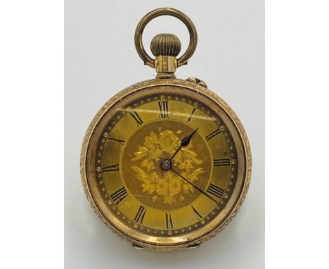 Pocket watch in 14ct gold case with folate engraved face, engine turned chapter ring and foliate engraved case, in going orde
