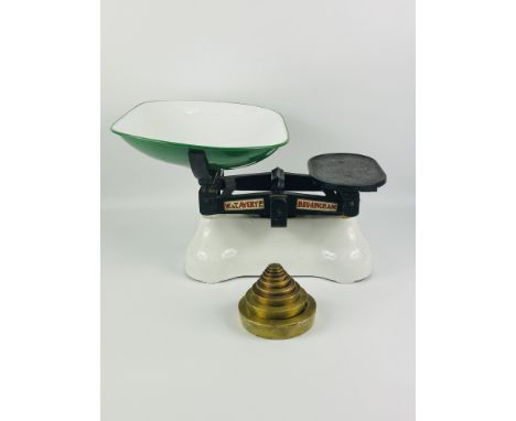 A set of W&amp;T Avery Ltd Grocers scales, complete with a graduated stacking set of Brass weights. 42cms wide x 39cms deep x