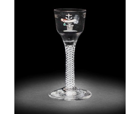 The Beggars Bennison: a very rare enamelled opaque twist wine glass of Scottish interest, circa 1770Perhaps by Anthony Taylor