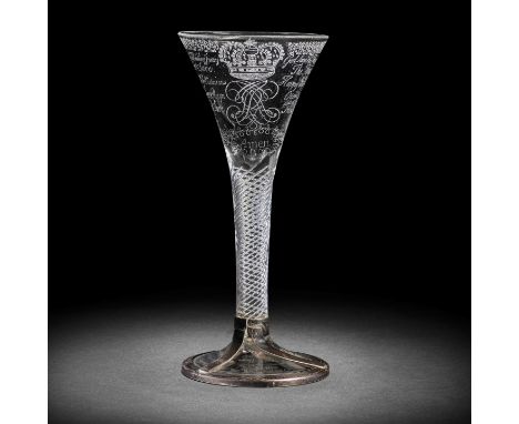 The Keith-Douglas 'Amen' glass: a highly important engraved Jacobite airtwist wine glass, circa 1747-50The drawn trumpet bowl
