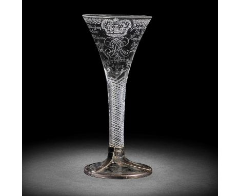 The Keith-Douglas 'Amen' glass: a highly important engraved Jacobite airtwist wine glass, circa 1747-50The drawn trumpet bowl