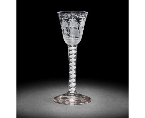 The Duke of Cornwall: an important engraved Privateer wine glass, circa 1760The round funnel bowl engraved with the three-mas