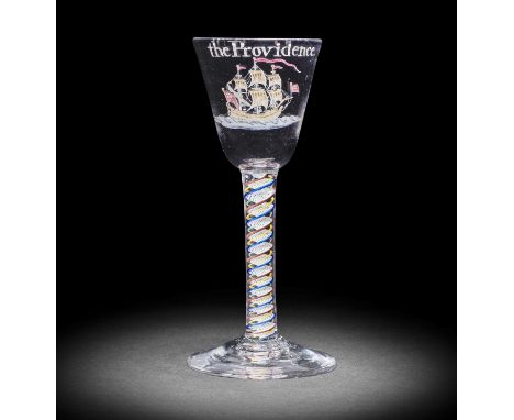 The Providence: an exceptionally rare Beilby enamelled colour twist wine glass, dated 1767The round funnel bowl painted in po